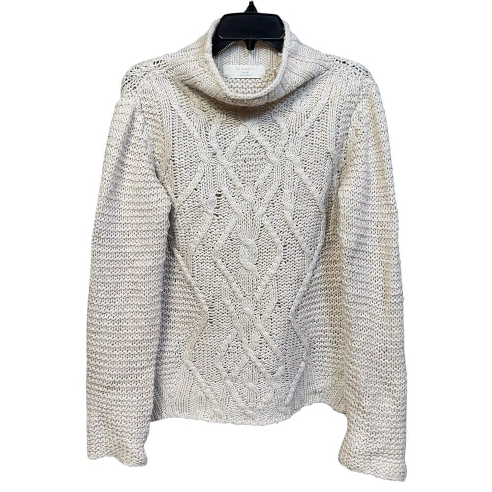 Zara Cable Knit Chunky Sweater Size M Fisherman Preppy Y2K Mock Neck Wool Blend